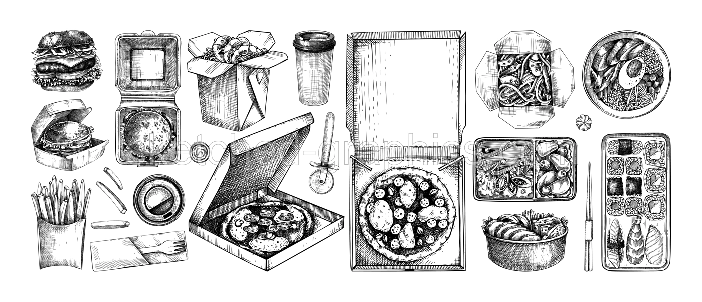 Fast food sketches set. Hand-drawn vector illustration of burger, pizza, poke, sushi, noodles. Cardboard boxes, bags for takeaway food, paper, plastic containers for food delivery Illustration